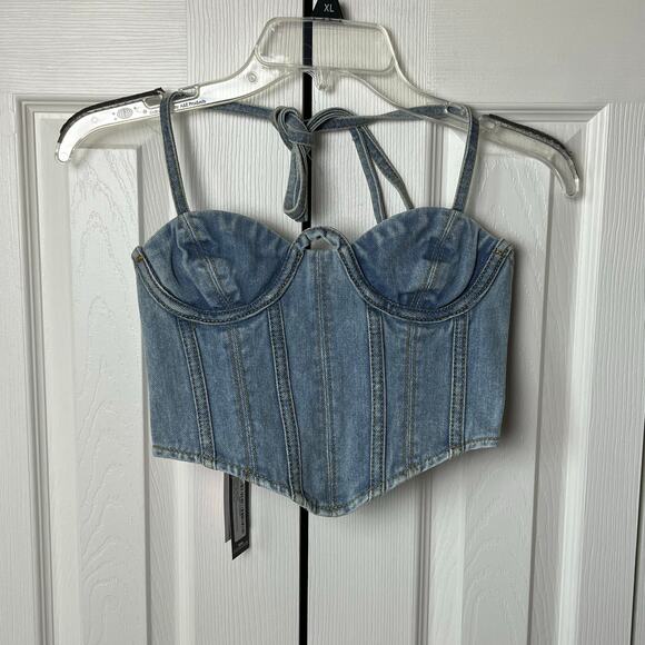 Pretty Little Thing Petite Light Blue Wash Denim Seam Detail Corset Top 00 - Picture 1 of 8